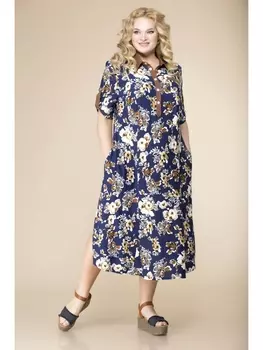 Платье 1-1657 синий\цветы