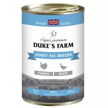 Корм для собак DUKE'S FARM индейка, утка, рис, шпинат конс. 400г