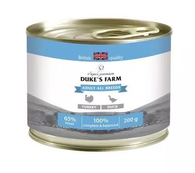 Корм для собак DUKE'S FARM индейка, утка, рис, шпинат конс. 200г