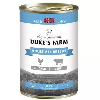 Корм для собак DUKE'S FARM курица, говяжьи потрошка конс. 400г