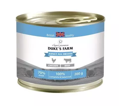 Корм для собак DUKE'S FARM курица, говяжьи потрошка конс. 200г