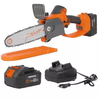 Аккумуляторная цепная пила 21В Daewoo DACS 821Li SET (шина 20 см, шаг цепи 1/4, 48 зв., ЗУ + АКБ Li-Ion, 21В, 5Ач)