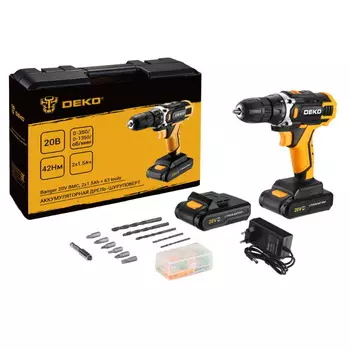 Аккумуляторная дрель-шуруповерт Deko Banger 080-1005 20V в кейсе + набор 63 инструмента для дома, 20В, 2х1.5Ач