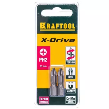 Биты торсионные Kraftool "ЕХPERT" 26121-2-25-2, кованые, обточенные, Cr-Mo сталь, тип хвостовика C 1/4", PH2, 25мм, 2шт