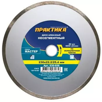 Диск алмазный несегментный Практика "Мастер" 030-658 (230х22.2/25.4 мм)