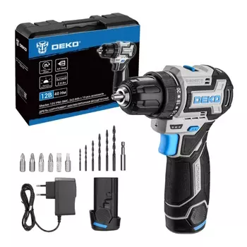 Дрель-шуруповерт Deko Sharker 12V PRO 084-1036, аккумуляторная, бесщеточная, компактная, в кейсе + оснастка, 13 шт, 12В, 2x2.0Ач
