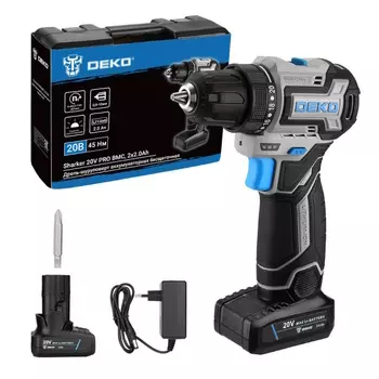 Дрель-шуруповерт Deko Sharker 20V PRO 084-1035, аккумуляторная, бесщеточная, компактная, в кейсе, 20В, 2x2.0Ач