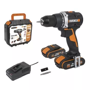 Дрель-шуруповерт WORX WX102 аккумуляторная , 20В, 60Нм, бесщеточная, 2Ач х2, ЗУ, кейс