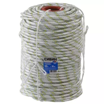 Фал плетёный капроновый Сибин 50220-10, 24-прядный с капроновым сердечником, диаметр 10 мм, бухта 100 м, 1300 кгс