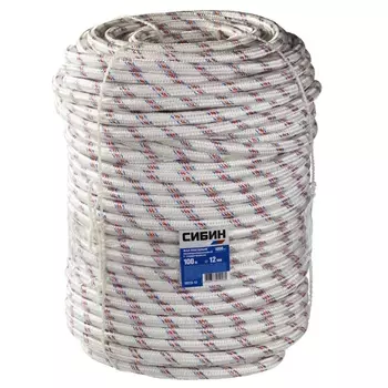 Фал плетёный полипропиленовый Сибин 50215-12, 24-прядный с полипропиленовым сердечником, диаметр 12 мм, бухта 100 м, 1000 кгс
