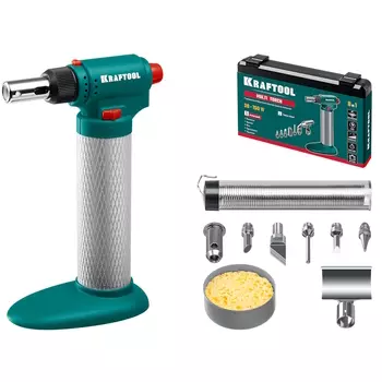 Газовый паяльник Kraftool Multi torch 55506-H8, 30 - 150 Вт, 1300°С, набор 8 в 1: горелка, фен, пьезоподжиг