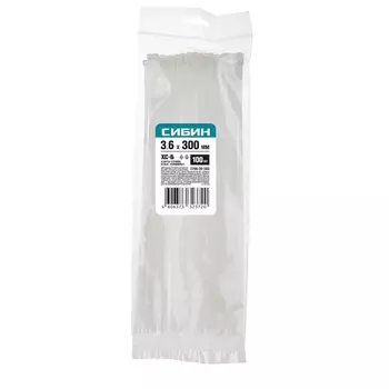 Хомуты-стяжки белые ХС-Б Сибин 3786-36-300, 3.6х300мм, 100 шт., нейлоновые