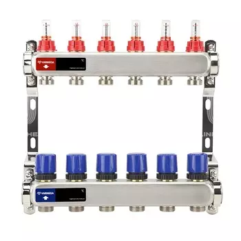 Коллекторная группа Varmega VM15106 ВР 1" с расходомерами на 6 контуров 3/4" EK, нержавеющая сталь