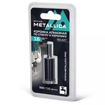 Коронка алмазная Metallica Optima 901427 (16x55 мм, #80, по стеклу, плитке, 1 шт, в блистере)