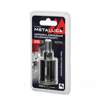 Коронка алмазная Metallica Ultra 901793, 28х70 мм, #46, с сверлом, по керамограниту, плитке, в блистере