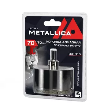 Коронка алмазная Metallica Ultra 901915, 70х70 мм, #46, с сверлом, по керамограниту, плитке, в блистере