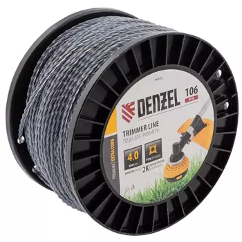Леска для триммера Denzel EXTRA CORD 96826, двухкомпонентная, витой квадрат, 4,0мм х 106м, на DIN катушке