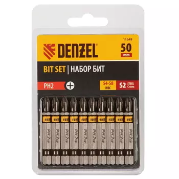 Набор бит Denzel 11649, PH2х50, сталь S2, шестигранный профиль, 10 шт