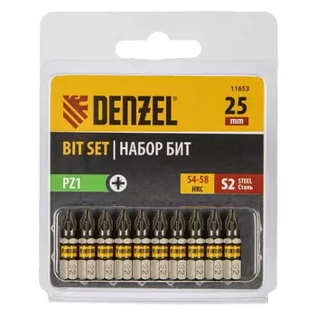 Набор бит Denzel 11653, PZ1х25, сталь S2, шестигранный профиль, 10 шт