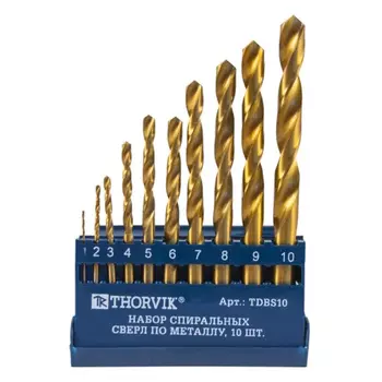 Набор спиральных сверл по металлу Thorvik TDBS10 052479, HSS TiN в пластиковом кейсе, d1.0-10.0 мм, 10 предметов