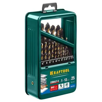 Набор сверл по металлу Kraftool 29656-H25, COBALT, HSS-Co (8%), сталь М42 (S2-10-1-8), 25 шт. (1-13 мм)