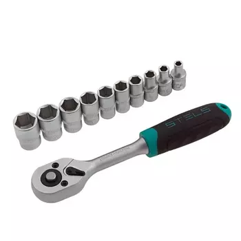 Набор торцевых головок Stels 14125, 1/4", 4-13мм, с трещоточным ключом, CrV, 11шт