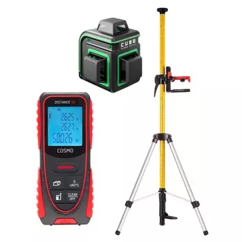 Комплект А00727: Уровень Ada CUBE 3-360 GREEN Basic Edition + Дальномер Ada Cosmo 50 + Штатив-штанга Ada SILVER PLUS в комплекте с треногой (3,6 м)