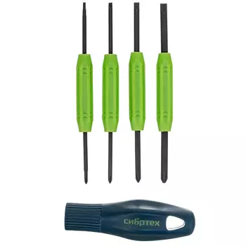 Отвертка со сменными насадками Сибртех 13386, 8 пред., PH2/SL5, PH1/SL4, PH0/SL3, PH00/SL2, CrV