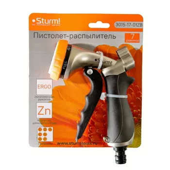 Пистолет для полива Sturm 3015-17-01ZB, 7 режимов, цинковый корпус с резиновым покрытием