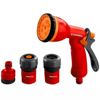 Поливочный набор Grinda GS-34 8-427384_z02: пистолет с 8 режимами, коннектор 3/4", коннектор с автостопом 3/4", адаптер