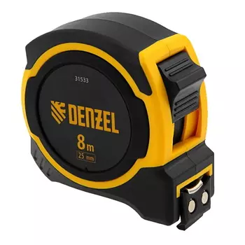 Рулетка Denzel 31533, 8м х 25мм, двухкомп. корпус, магнитный обрезиненный зацеп