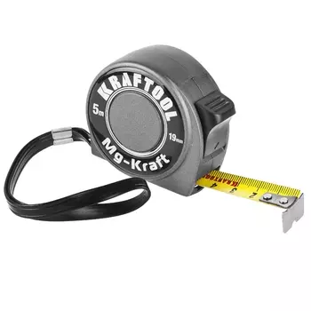 Рулетка Kraftool "MG-Kraft" 34129-05-19, особопрочный корпус, Mg сплав, нейлоновое покрытие, суперкомпактный размер, 5м/19м