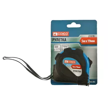 Рулетка Союз 21519, 5x19мм, обрезиненная, магнит на зацепе