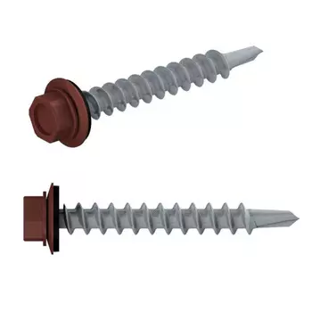 Саморез кровельный Starfix SMP2-101707-100, 4.8х19 мм, цинк, шайба с прокладкой, PT3, RAL 3009, 100 шт. в пластиковом контейнере