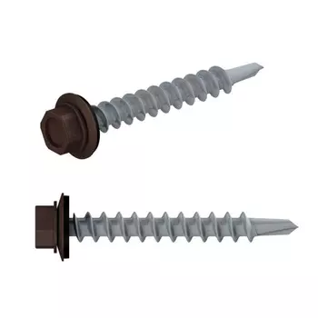 Саморез кровельный Starfix SMP2-66086-100, 4.8х19 мм, цинк, шайба с прокладкой, PT3, RAL 8017, 100 шт. в пластиковом контейнере