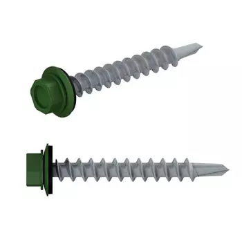 Саморез кровельный Starfix SMP2-74464-100, 4.8х19 мм, цинк, шайба с прокладкой, PT3, RAL 6002, 100 шт. в пластиковом контейнере