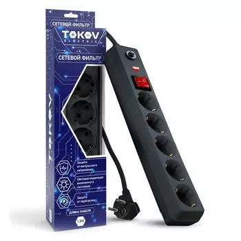 Сетевой фильтр Tokov Electric TKE-C06-SF5-1.8-ZV (5 розеток, длина кабеля 1.8м, напряжение 250В, черный)