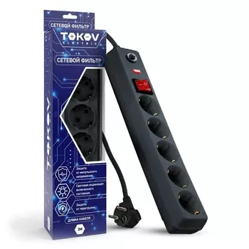 Сетевой фильтр Tokov Electric TKE-C06-SF5-3-ZV (5 розеток, кабель 3м, макс. нагрузка 3500 Вт, черный)