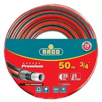 Шланг поливочный Raco PREMIUM 40300-3/4-50_z01, 35атм, армированный, 5-ти слойный, 3/4"х50м
