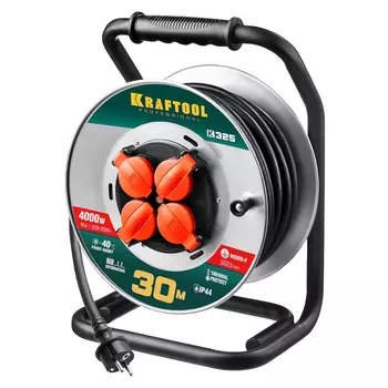 Силовой удлинитель на стальной катушке Kraftool K-325 55086-30, КГ 3х2.5 30м 4000Вт IP44
