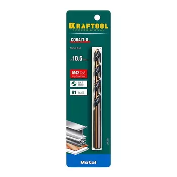 Сверло по металлу Kraftool 29656-10.5, COBALT, HSS-Co (8%), сталь М42 (S2-10-1-8), 10.5х133 мм