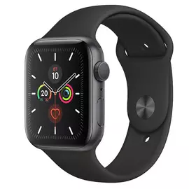 Apple Watch Series 5 GPS, 44mm, корпус из алюминия цвета «серый космос», чёрный спортивный ремешок