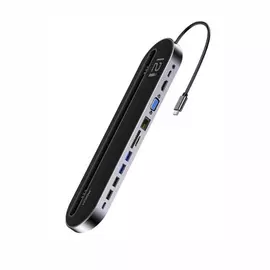 Многопортовый адаптер с подставкой ROCK RCB0724 с одинарным коннектором USB-C (USB-C PD 100 Вт, USB-C, 2 USB-A 2.0, 2 USB-A 3.0, SD, microSD, HDMI 4K, Gigabit Ethernet, 3,5 мм, VGA)