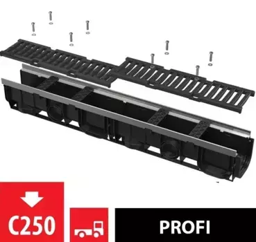 Дренажный канал «AlcaPlast» Profi (C250) AVZ103-R202 L100см с рамой из оцинкованной стали чёрный