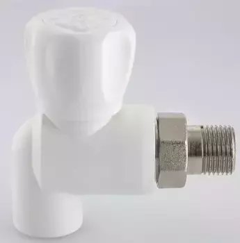 Клапан полипропилен магистральный «Valtec» VTp.718.V.02004 20мм-1/2" угловой НР-муфта (американка) никель