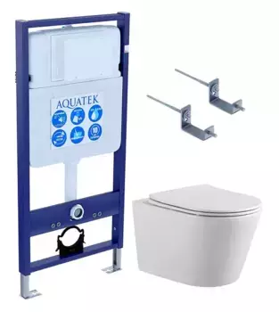 Комплект инсталляция с унитазом и крышкой «Акватек» Set Aquatek Вега-KKI2 (инсталляция/унитаз с сиденьем/крепеж/звукоизоляционная прокладка) безободковый белый