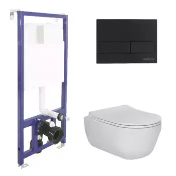 Комплект инсталляция с унитазом, крышкой и кнопкой смыва «Berges Wasserhaus» Novum/Ego Rimless/L5 безободковый белый с чёной кнопкой