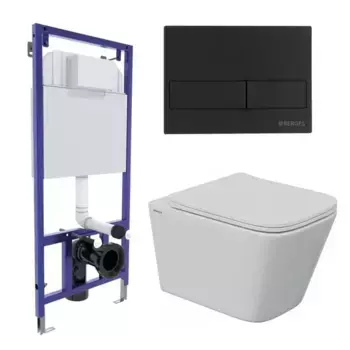 Комплект инсталляция с унитазом, крышкой и кнопкой смыва «Berges Wasserhaus» 043243 Novum525/Floe S Rimless/Floe S Slim SO/кнопка L5 безободковый белый