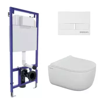 Комплект инсталляция с унитазом, крышкой и кнопкой смыва «Berges Wasserhaus» Novum 525/Ego Rimless/кнопка L1 белая 043309 безободковый белый