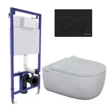 Комплект инсталляция с унитазом, крышкой и кнопкой смыва «Berges Wasserhaus» 043303 Novum525/EGO XL Rimless/Okus Slim SO/кнопка O5 безободковый белый